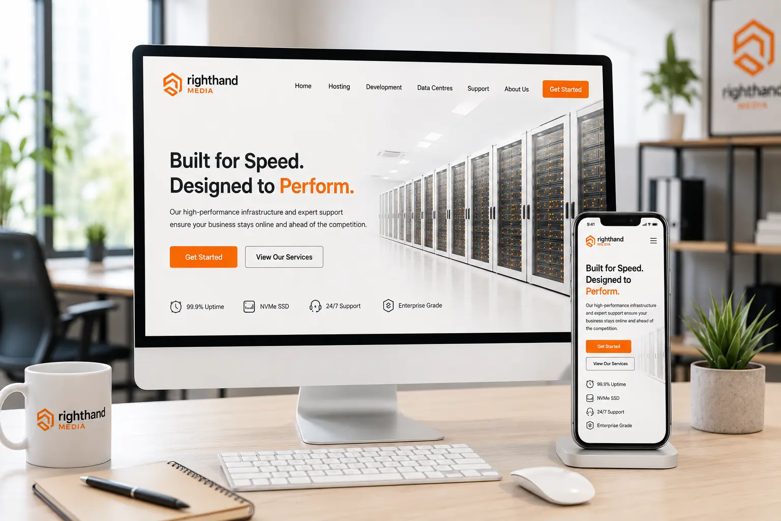 Professional website design workspace with desktop and mobile layouts